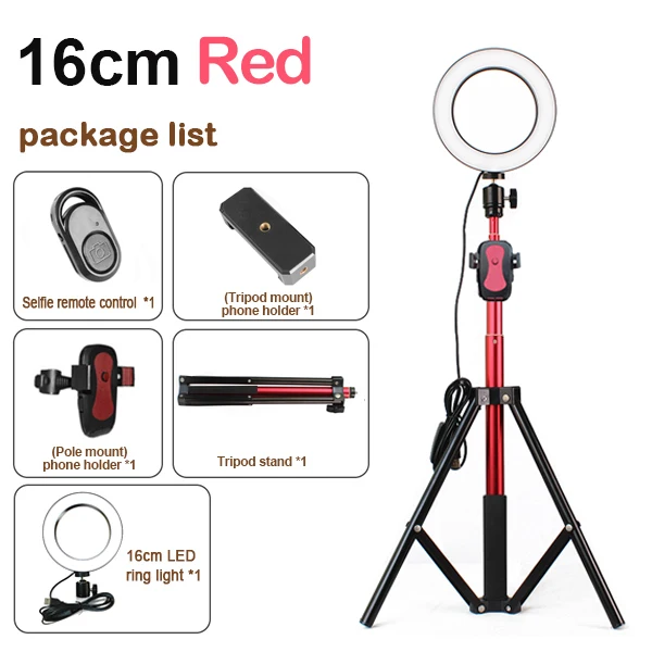 Кольцевой светильник для студийной фотосъемки с регулируемой яркостью 3200-5600K " 16 см светодиодный светильник-лампа для телефона с 150 см штативом, селфи-палкой и usb-разъемом - Цвет: 16cm red