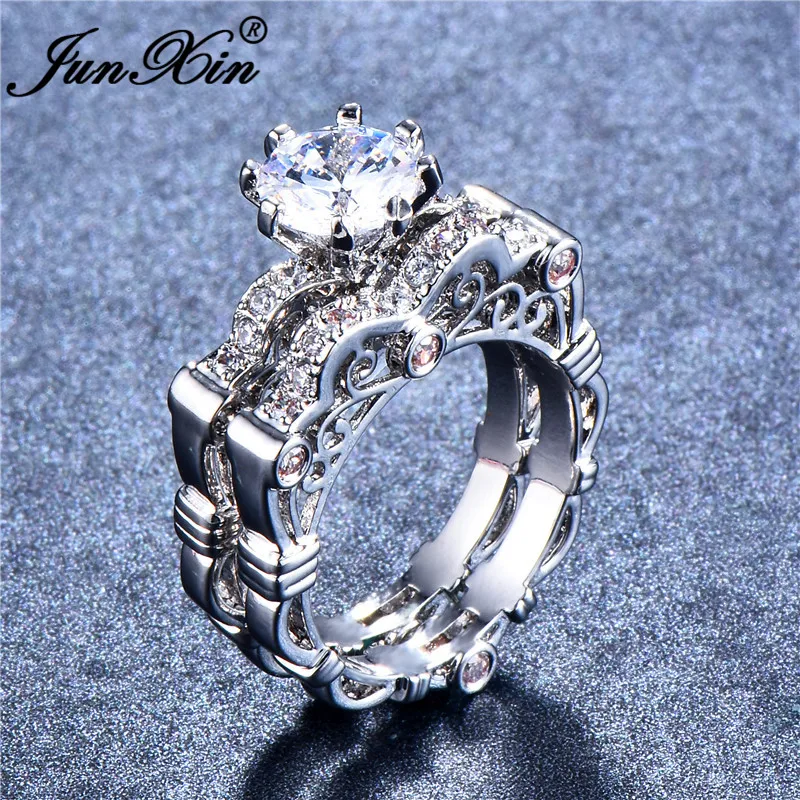 JUNXIN Boho Female Crystal Ring Set 925 Sterling Silver Filled Round White Zircon Engagement Couple Rings For Women Jewelry CZ