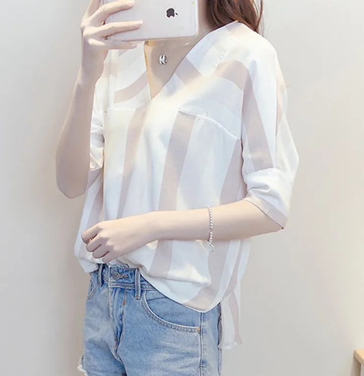 New Striped Blouses Women Shirts Ladies 2018 Summer Half Sleeve Womens Tops And Blouses V-neck Cotton Linen Blusas Femininas  (3)