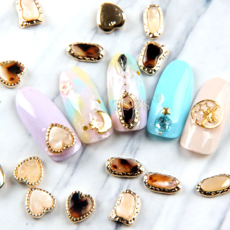 10 قطعة/الوحدة اليابانية نمط القلب عدم انتظام العنبر مع الذهب حافة تقليد حجر مسمار الفن الديكور