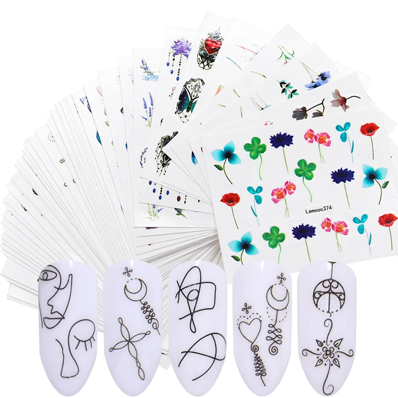 

LEMOOC 45Pcs/Set Nail Transfer Stickers Colorful Flowers Mixed Nail Art Decorations Water Decals DIY Tips Nail Stickers