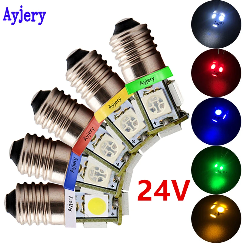 

AYJERY 10Pcs 24V E10 Led Light Screw Socket Led Car Light 5 SMD 5050 Chip Interior Light White Red Amber Instrument Light Blub