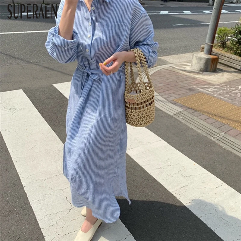 

SuperAen Korean Style Women Long Shirt Dress New 2019 Summer Stripes Ladies Dress Sunscreen Fashion Casual Women Clothing