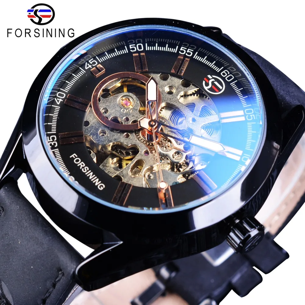 Forsining Blue Hardlex Glass Black Leather Transparent Open Work Mechanical Men Automatic Watches Top Brand Luxury Gear Movement men belts metal automatic buckle brand high quality leather belts for famous luxury work business strap cinto couro masculino