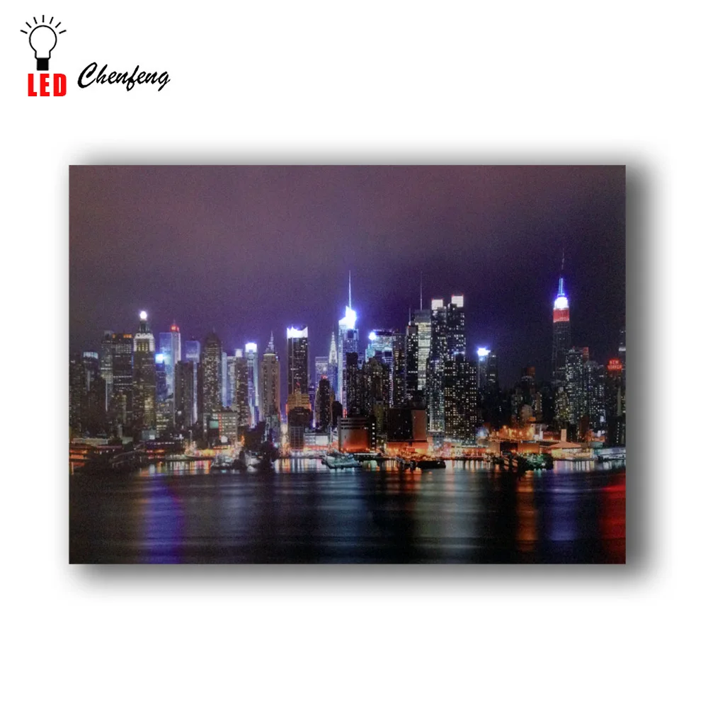 Освещенная Настенная картина Hong kong с Нью-Йоркским skyline ночной светодиодный холст Художественная живопись произведение искусства HD Печать рамка батарея открытая 16x24IN