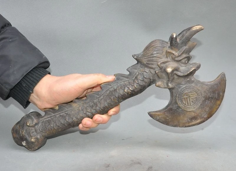

Old Chinese Dynasty bronze Feng Shui Dragon Head Statue Talismans Ax Hatchet Axe