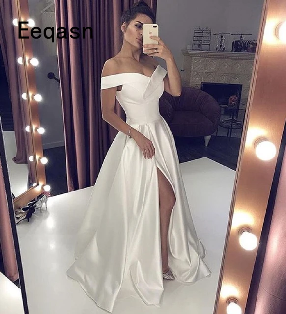 Vestido de graduación blanco largo cuello en V para mujer, vestidos formales elegantes con abertura alta, línea A, hombros descubiertos para ocasiones especiales - AliExpress