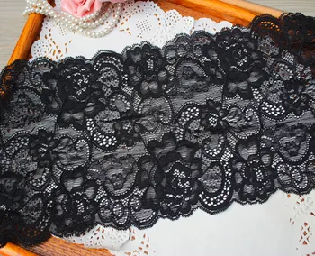 

16cm 6.3inch wide-3yards/lot Super DIY Lace Accessories Black Flower Elastic Stretch Tulle LaceTrim for Garment Decoration