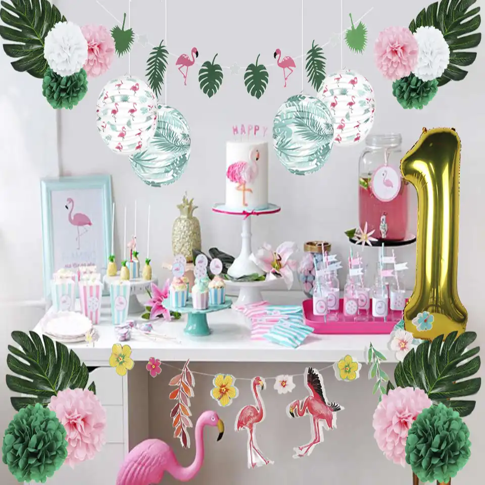 Summer Flamingo 1st Birthday Party Decoration Set Tropical Leaves