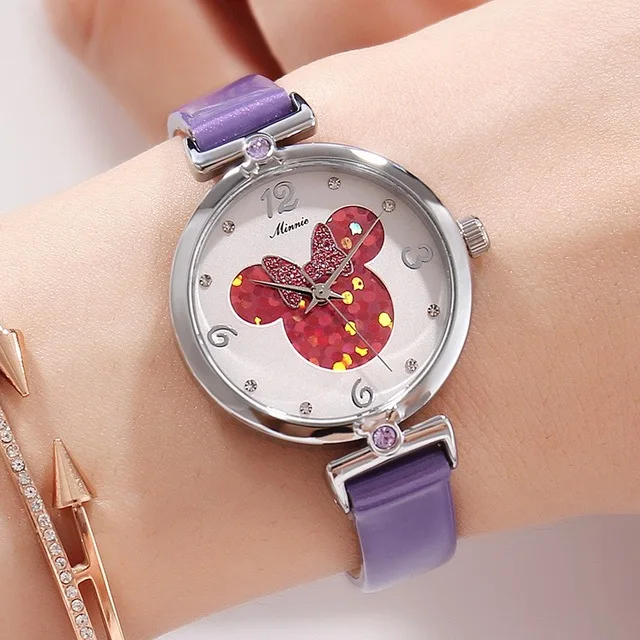 Новое поступление, часы для девочек, розовые, шикарные, в форме сердца, кварцевые наручные часы с циферблатом, Дисней, часы «Минни-Маус», женские Relojes MK-11009 - Цвет: Фиолетовый