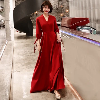 

Red Bride V-Neck Party Dress Oriental Women Elegant Slim Cheongsam Puff Sleeve Wedding Long Qipao Luxury Robe Vestido XS-XXXL