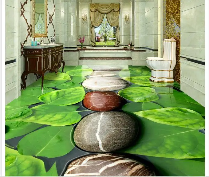 3d floor painting wallpaper Leaves cobblestone 3D flooring waterproof