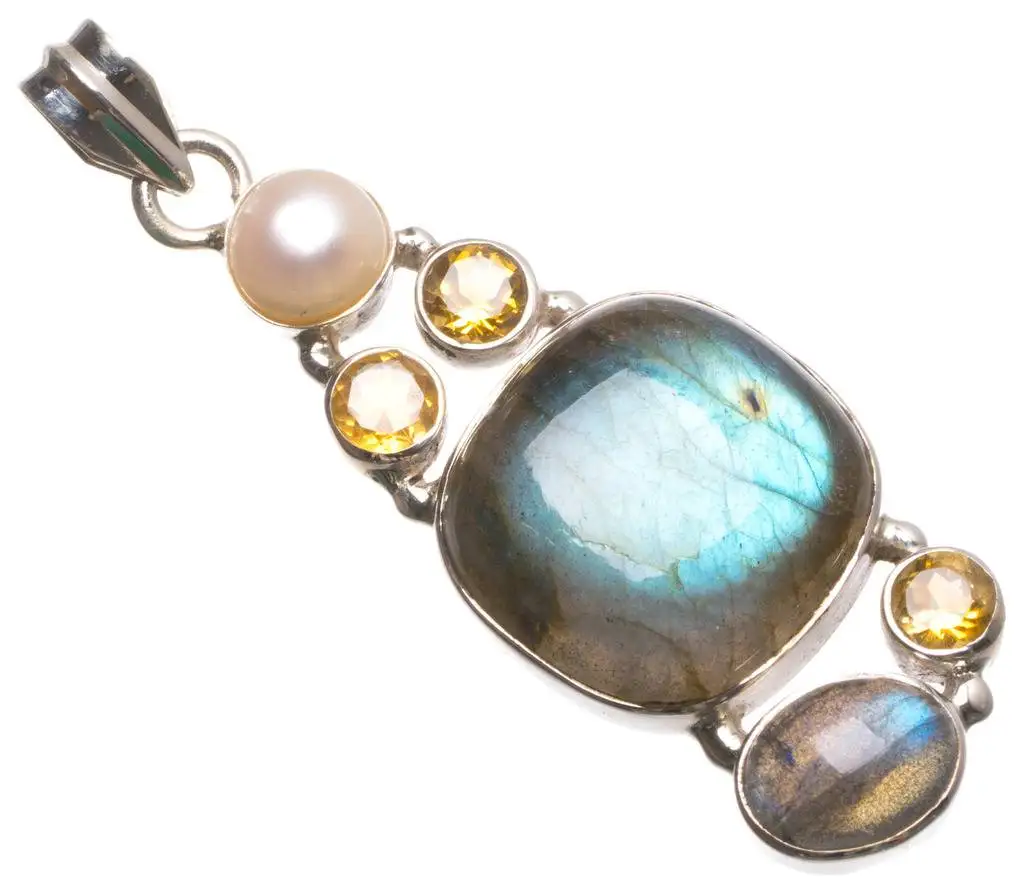 

Natural Labradorite,River Pearl and Citrine Handmade Mexican 925 Sterling Silver Pendant 2 1/4" U0496