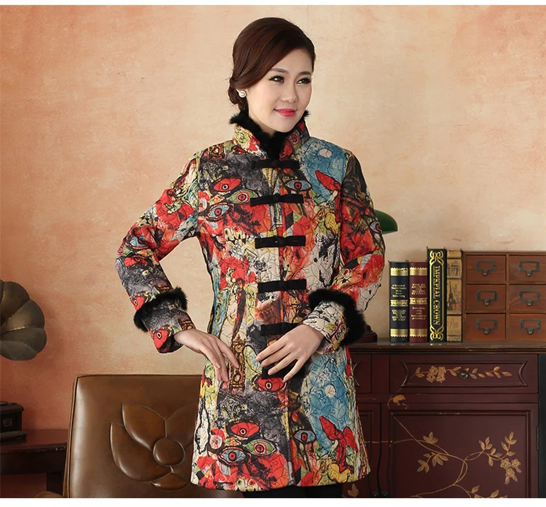 Winter Thicking Outerwear Traditional Chinese Style Women's Padded Jacket Long sleeve Coats Size
