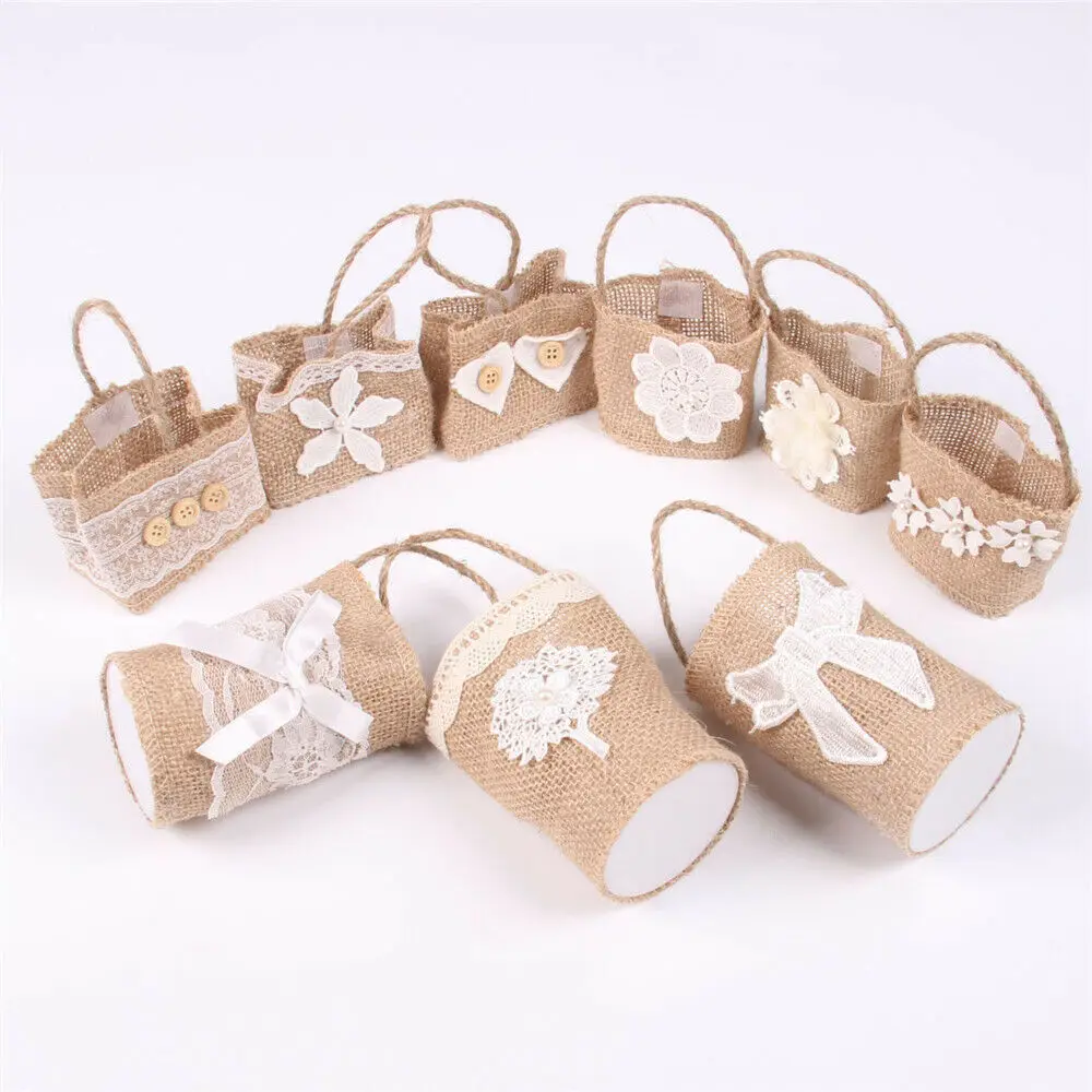 

Shabby Chic Jute Burlap Candy Bag Gift Basket with Handle Wedding Favor Easy To Close Open HG11438-HG11443