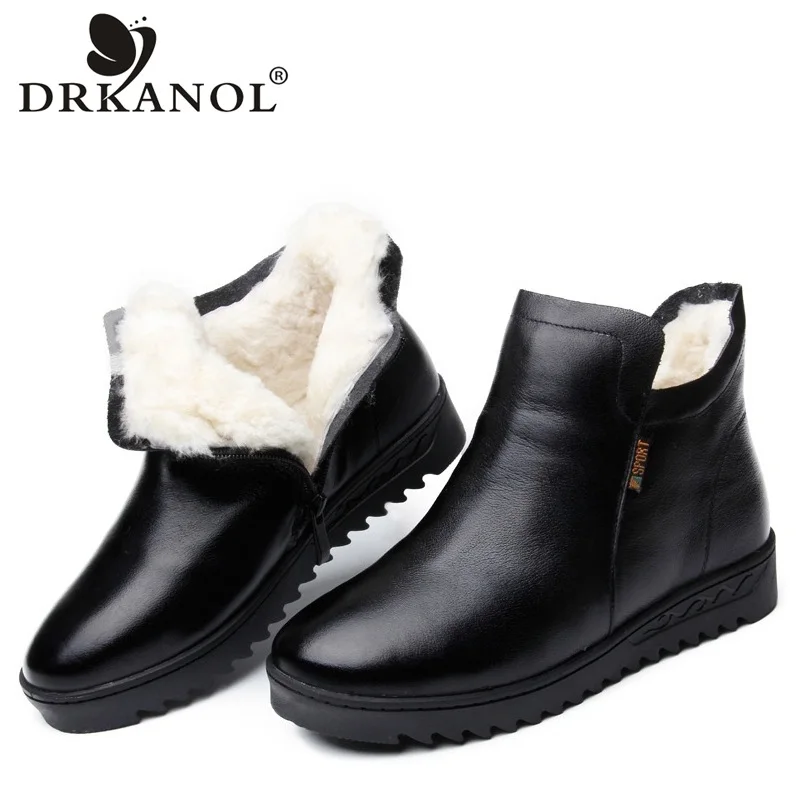

DRKANOL Big Size 41 Genuine Leather Women Boots 2018 Waterproof Round Toe Zipper Thick Wool Women Winter Ankle Snow Boots Female