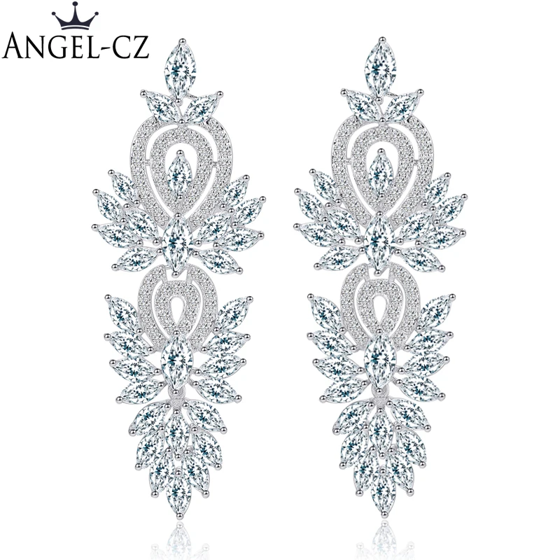 

ANGELCZ Statement Wedding Design Marquise Cubic Zirconia Crystal Long Chandelier Earrings Bridal Costume Jewelry For Women AE147