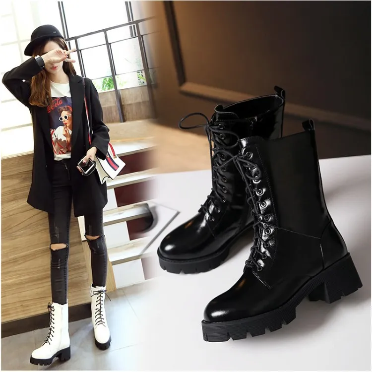 2016 New Autumn And Winter Women’s Shoes White Pumps Black Leather Lace Up High Heel Ankle Booties Chunky Platform Boots Online