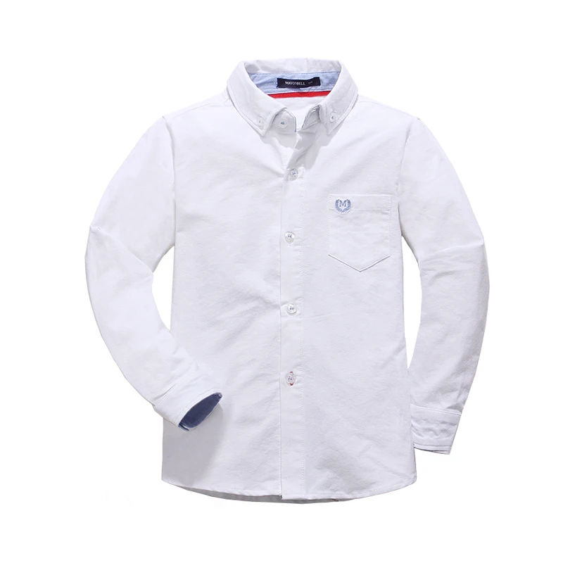 Осенне-весенняя однотонная детская блузка из хлопка «Оксфорд» рубашки для мальчиков Рождественский подарок с длинными рукавами для мальчиков ростом от 120 до 170 см - Цвет: Белый