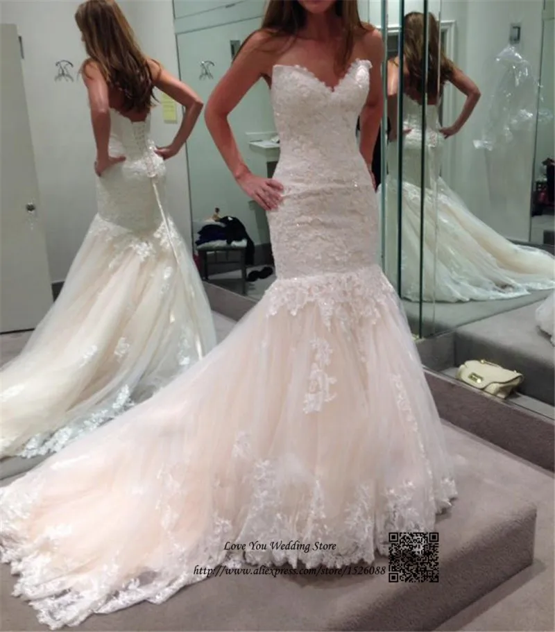 

Real Vintage Plus Size Wedding Dress Lace Sweetheart Corset Back 2015 Bride Dresses Mermaid Beads Brush Train Vestidos de Noiva