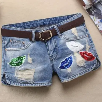 

summer fashion Low-waist denim shorts lips printed skinny hole jeans shorts plus size 26-32