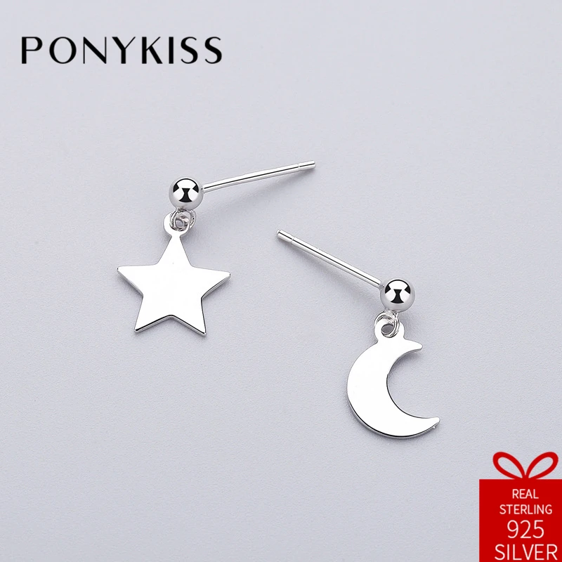 

PONYKISS Romantic S925 Sterling Silver Chic Moon Star Asymmetric Stud Earrings Women Jewelry Accessory Birthday Party Gift