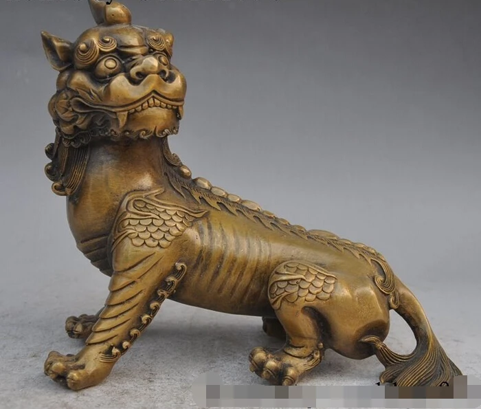 

shitou 002028 9"chinese fengshui bronze evil foo fu dog lion Kirin Unicorn Kylin beast statue discount 30% (C0324)