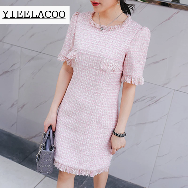 

Pink tweed dress advanced custom 2018 spring / summer / autumn women dress tassel new short-sleeved ladies tweed dress pack hip