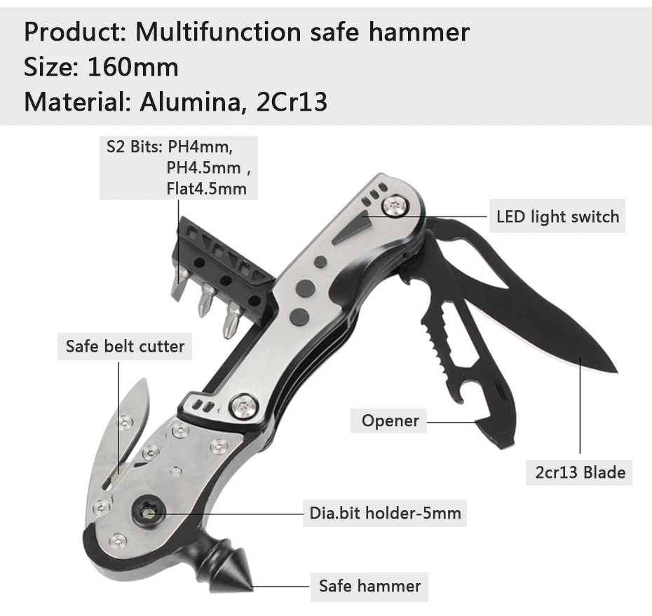 Многофункциональный молоток безопасности, автомобильные инструменты, многофункциональные инструменты для автоматического складывания ножа, отвертка, светильник, оконный выключатель, ручной инструмент, Мультитул