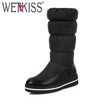 

WETKISS 2019 New Keep Warm Thick Plush Winter Boots Women Crystal Wedges Snow Boots Mid Calf Fur Shoes Woman Platform Big Size