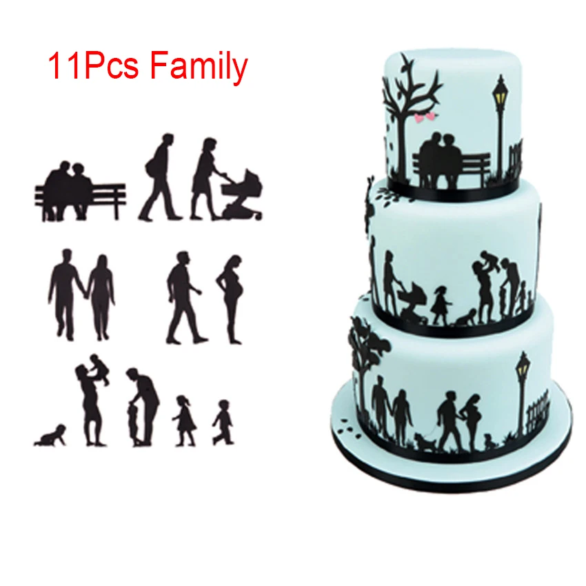 11pcs Family Набор пресс-форм для украшения торта, пластиковые формочки для печенья, инструменты для выпечки, свадебные музыкальные Семейные животные, воздушные шары - Цвет: 11pcs Family