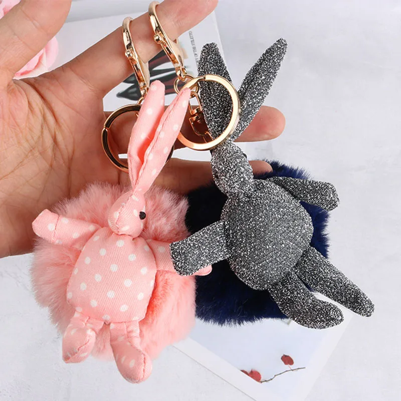 

New Rabbit Plush Toys Fur Plush Keychain Women Cute Trinket Hare Car Key Holder Multicolor Dolls Charms Keyring Jewelry Gift