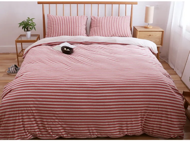 

Junwell 100% Cotton Jersey Duvet Cover Set Yarn Dyed T-shirt Fabric Quilt Cover Japanese Style Simple Stripe Design