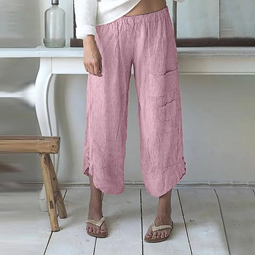 

Linen Casual Loose ANKLE Pants Women Plus Size Stripe Pocket Wide Leg Pants Cotton Linen Trousers High Waist Wide pants CD