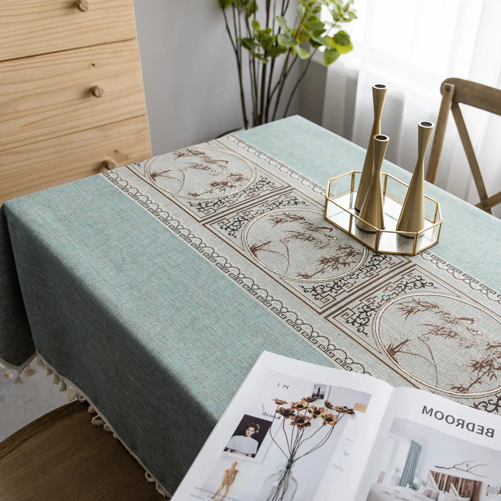 Luxury Embroidered Tablecloth Upscale Linen Cotton Relief Painting Pattern Table cloth Pendant Deco
