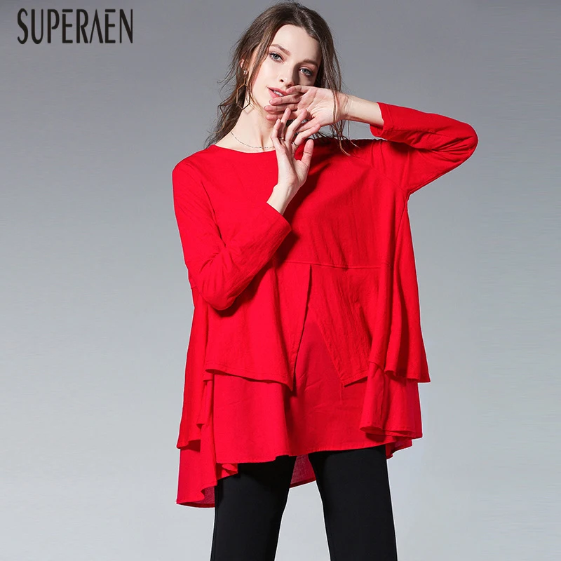 

SuperAen Europe T Shirts Women 2018 Spring New Cotton Pluz Size Loose Women T Shirts Solid Color Casual Fashion Wild Women Tops