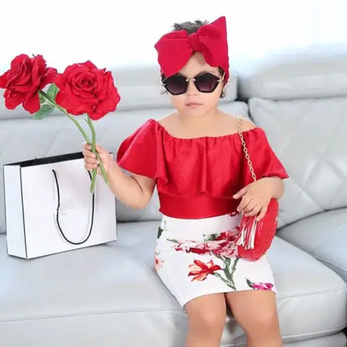 

Lovely Girls 3PCS Summer Cute Clothes Sets Off Shoulder Ruffles Tops + High Waist Bandage Floral Mini Dress Girls Outfit Set
