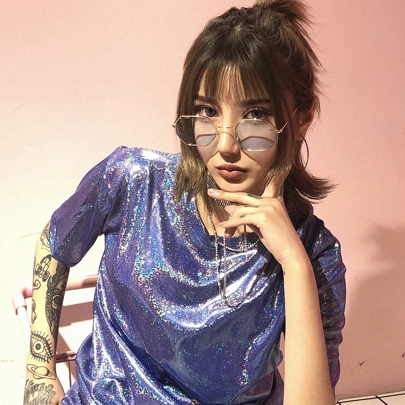Ins Горячие Harajuku стиль с круглым вырезом короткий рукав Bling Блеск длинная футболка