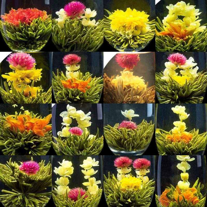 

7Pcs/Lot Beautiful flowering tea ball different styles Ssangyong play beads craft blossoms green floral tea gift box set