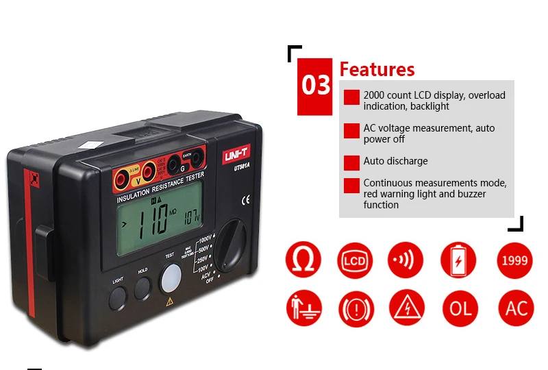 UNI-T UT501A 1000 В Измеритель сопротивления заземления изоляции мегомметром Автоматический диапазон ом тестер Мегаомметр вольтметр