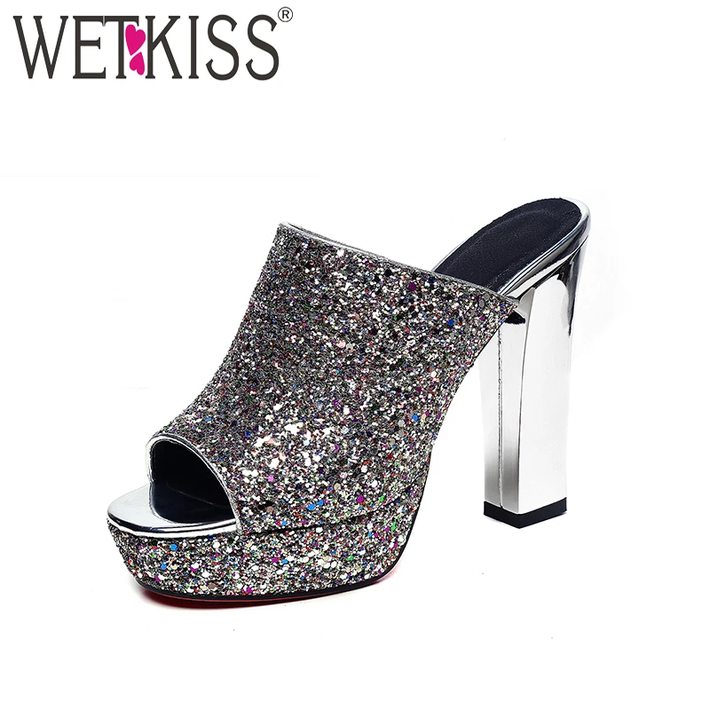 

WETKISS Sequined Cloth High Heels Slippers Women Bling Peep Toe Square Heels Platform Slides Footwear Summer Ladies Mules Shoes