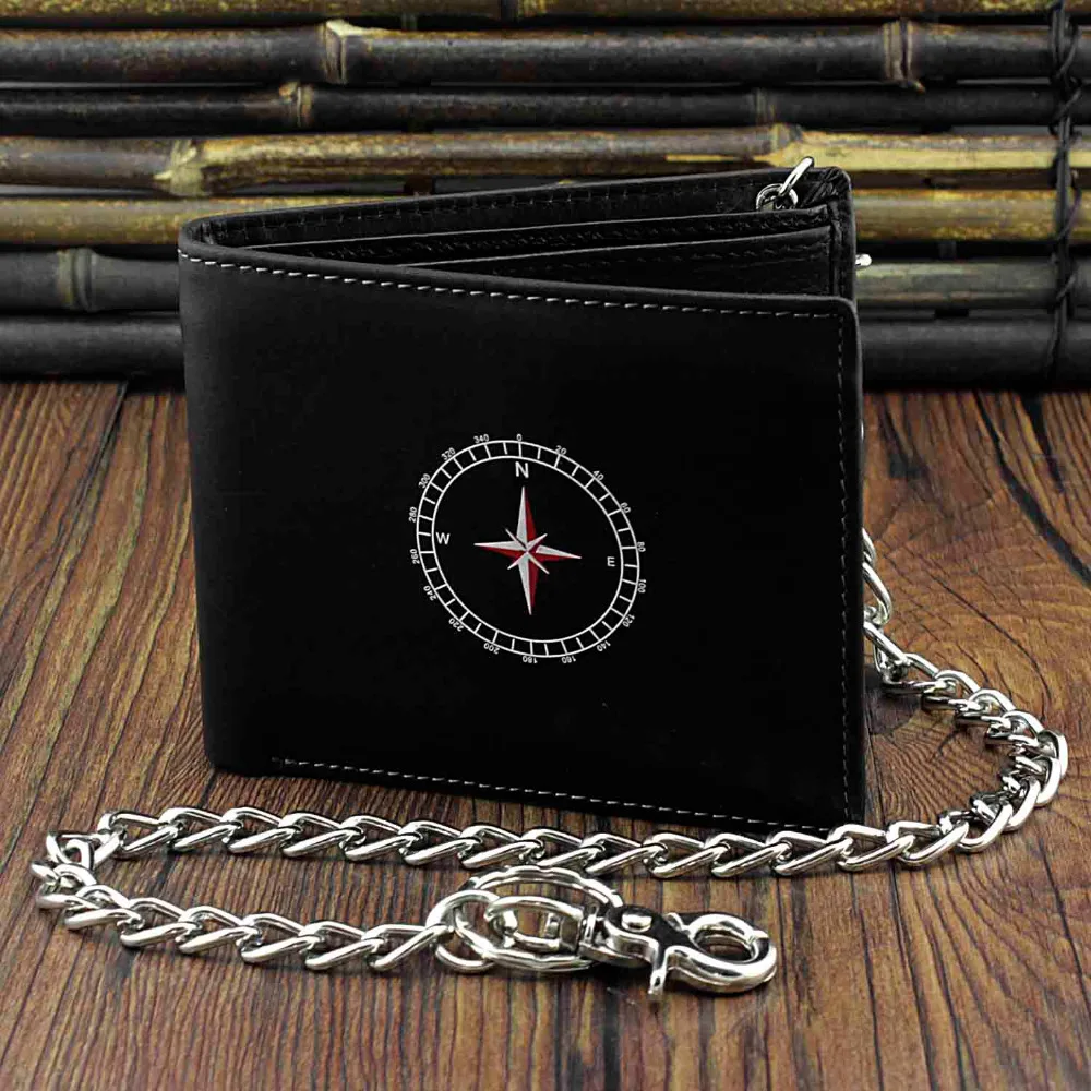 Black Leather Mens Wallet with Compass Design with Removeable chain