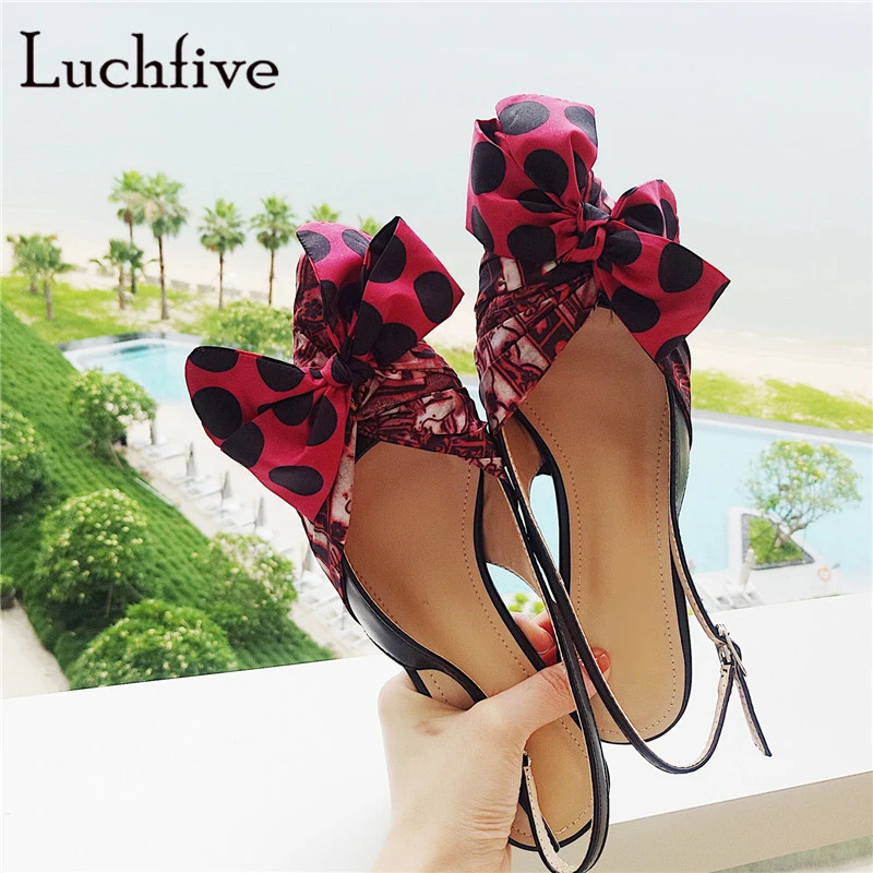 

Big bowtie women sandals genuine leather kitten heels buckle slingbacks pointed toe red female shoes shallow sandalias mujer