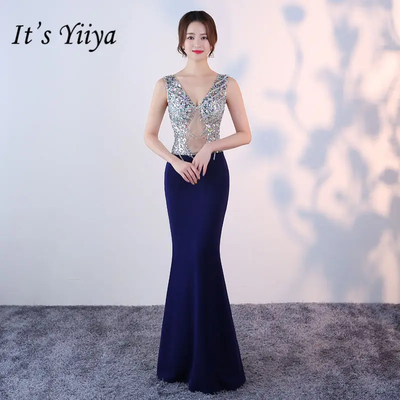 Это YiiYa НОВЫЕ шикарные платья русалки с блестками, очаровательные кружевные вечерние платья с глубоким v-образным вырезом H024 - Цвет: as picture