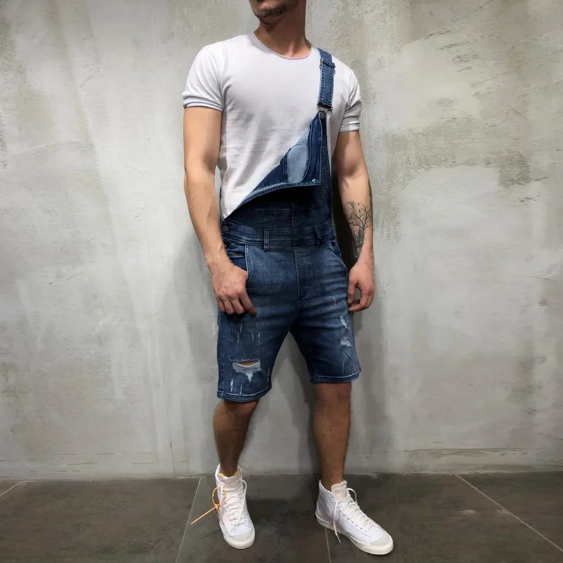 

Brand Men's Ripped Jeans Jumpsuits 2019 Summer Street Distressed Denim Bib Overalls Men Suspender Pant Fashion Streetwear