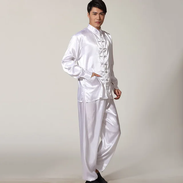 High Quality Men Sleepwear Traditional Chinese Style Pajamas Silk Like Long Sleeved Tai Chi Suit