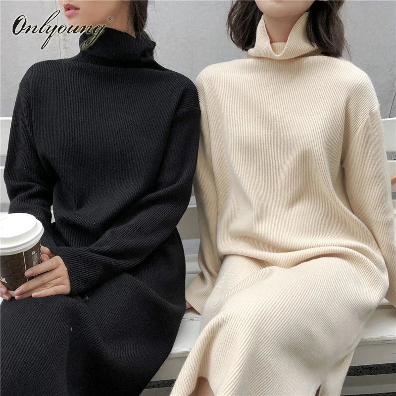 

Onlyoung 2019 Autumn Winter Women Long Knitted Dress Pullover Black Warm Split Maxi Sweater Dress