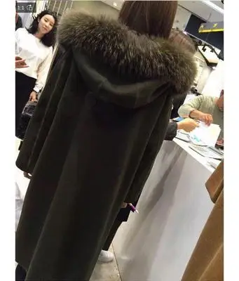 Осень и зима новые корейские женские свободные толстые с капюшоном меховой воротник и длинные секции шерстяное пальто куртка TB18909 - Цвет: Армейский зеленый