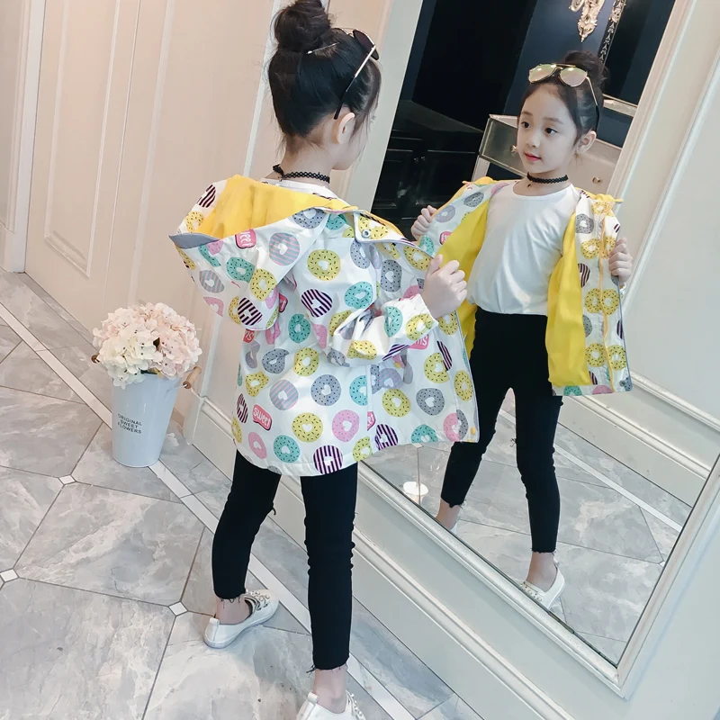 

2023 Girls Spring New Casual Coat Femael Kids Fashion Print Hooded Jacket Cardigan Children Fall Thin Windbreaker Outerwear X119