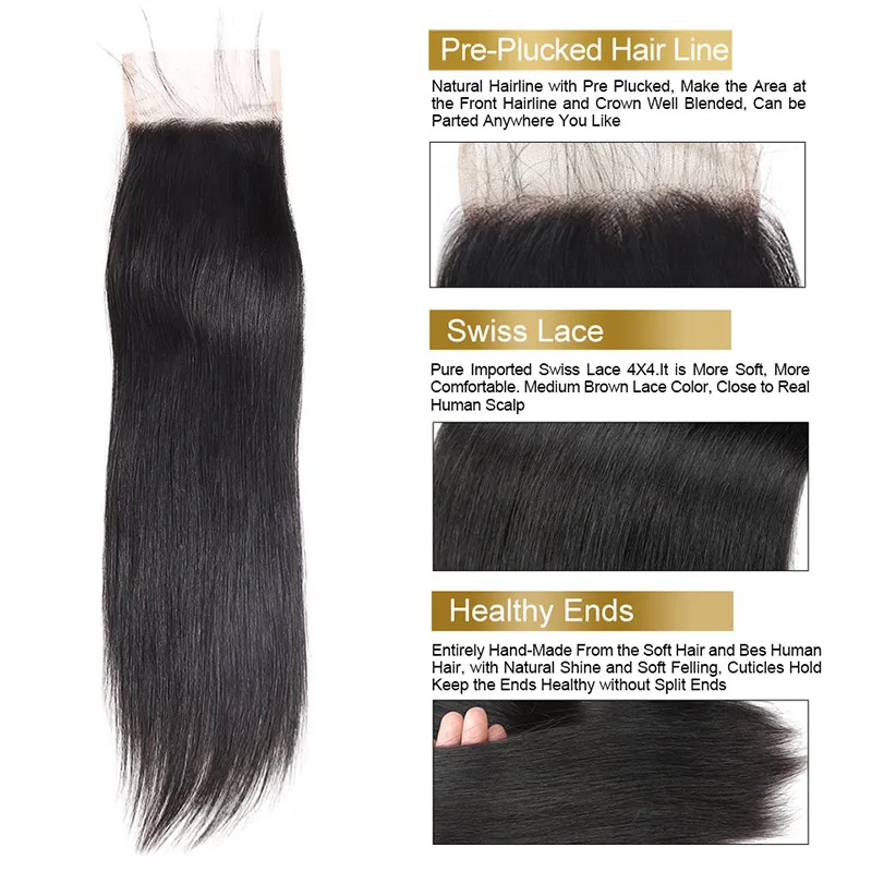 Peruvian Straight Virgin Hair Bundles with Closure with Baby Hair Unprocessed Straight Human Hair Bundles with Closure Funmi